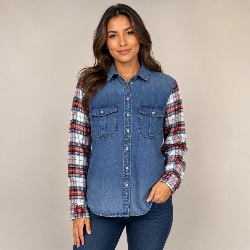 American Eagle Denim Plaid Mixed Media Shirt Womens M Blue Red Flannel Button Up
